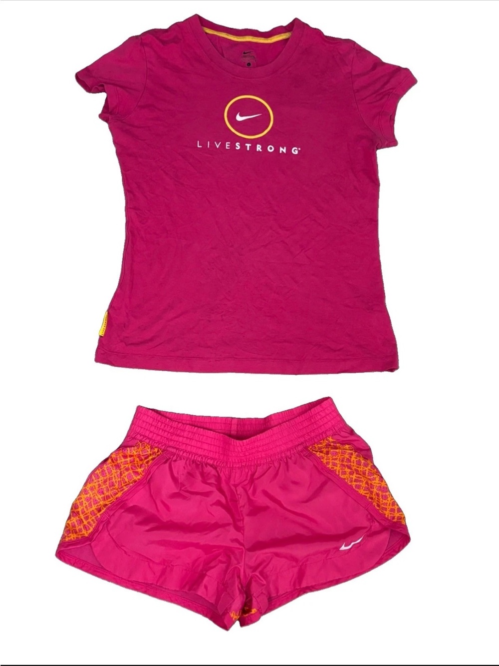 Nike Y2K 2 PC Athleisure Set Athletic Shorts Livestrong Cap Sleeve Top SZ.S Pink